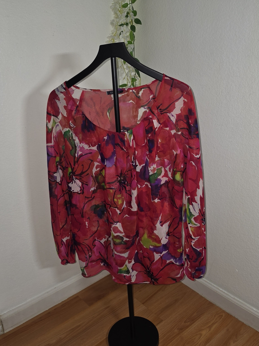 Anne Klein Pink Floral Long-Sleeve Sheer Blouse